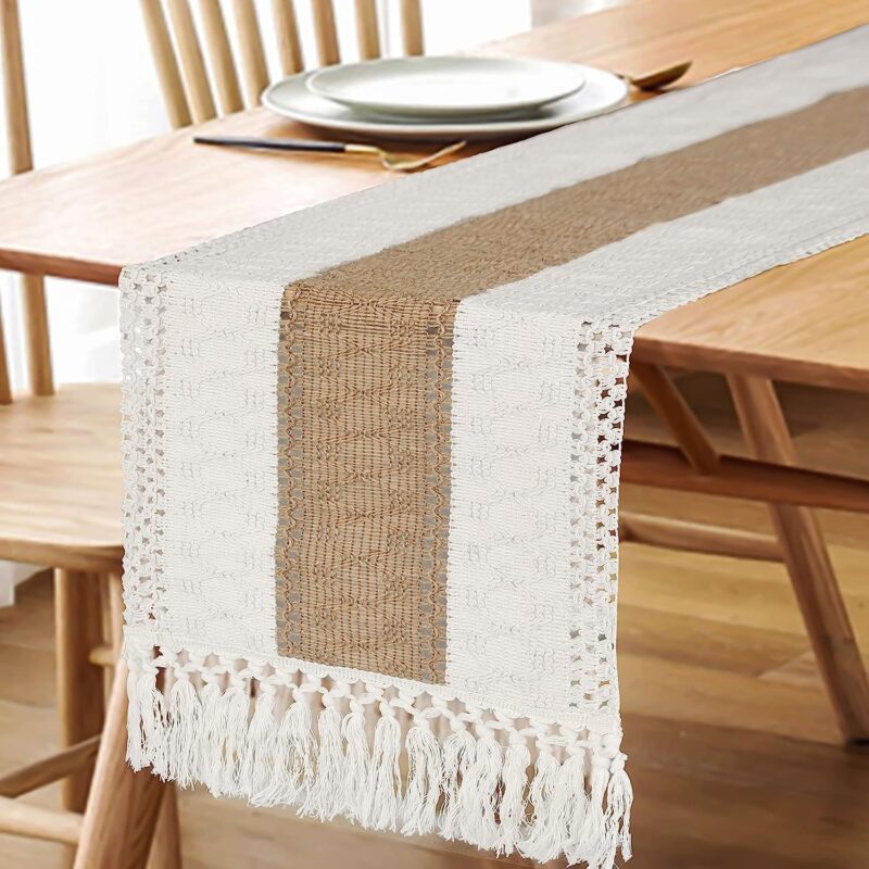 FEXIA Boho Table Runner for Christmas Home Decor with Tassels 72 Inches Long Farmhouse Rustic Table Runner Macrame Burlap Table Decoration for Living Room Bridal Shower(12x72 Inches) - Image 5