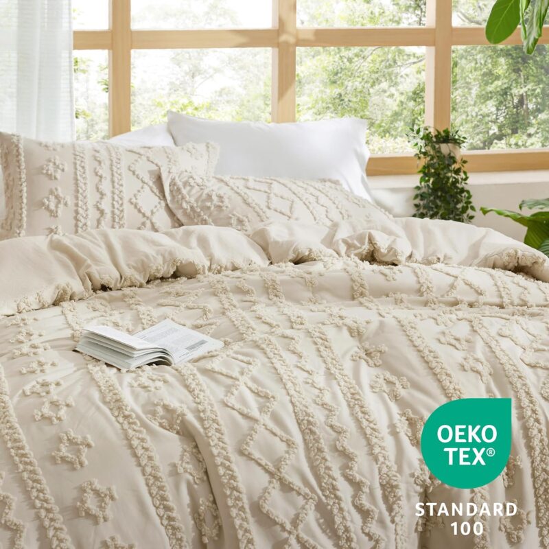 Bedsure Tufted Boho Comforter Set Queen Size - Beige Boho Bed Set, GentleSoft™ 3 Pieces Farmhouse Shabby Chic Embroidery Bedding, Gifts for Woman, Soft Jacquard Queen Comforter for All Seasons - Image 5