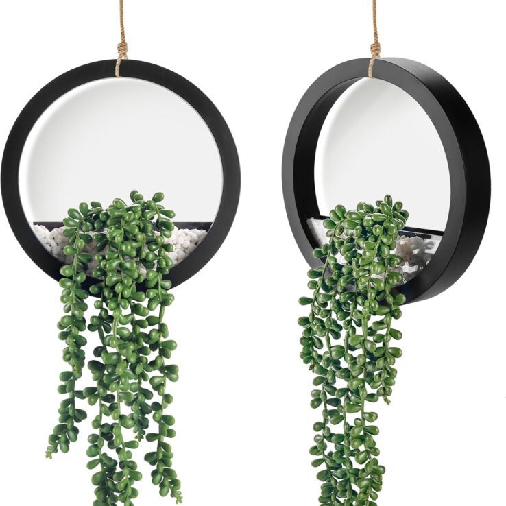 Der Rose 2 Pack Fake Plants Hanging Artificial Succulents Plants in Black Pots for Living Room Bathroom Accessories Boho Wall Decor