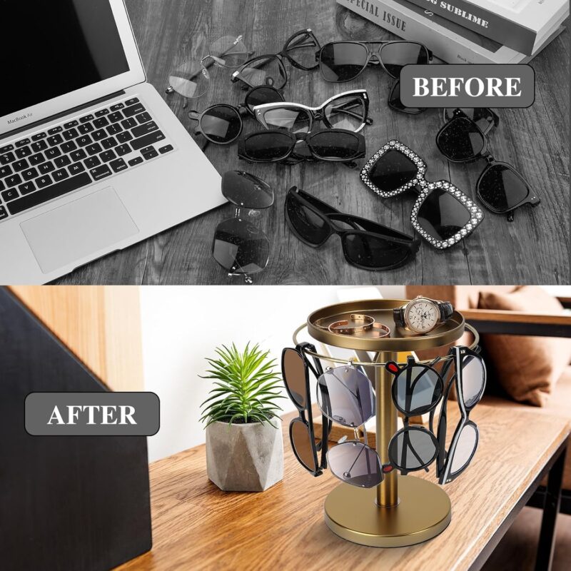 360° Rotating Sunglass Organizer Storage, Stainless Steel Glasses Holder Stand, Glasses Organizer with Tray for Desk, Dresser, Tabletop, Nightstand and Home Decor (Gold) - Image 2