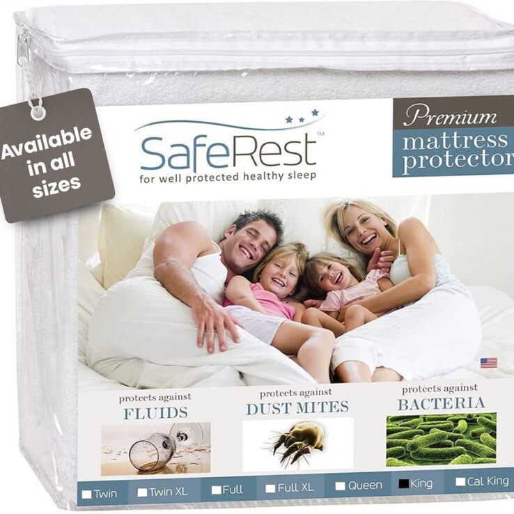 SafeRest 100% Waterproof King Size Mattress Protector - Fitted with Stretchable Pockets - Machine Washable Cotton Mattress Cover for Bed