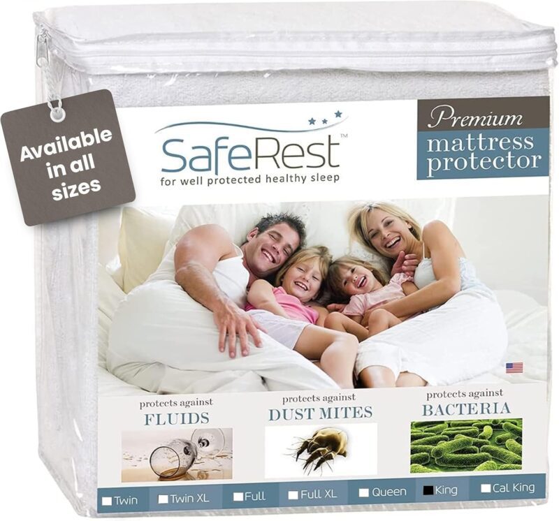 SafeRest 100% Waterproof King Size Mattress Protector - Fitted with Stretchable Pockets - Machine Washable Cotton Mattress Cover for Bed