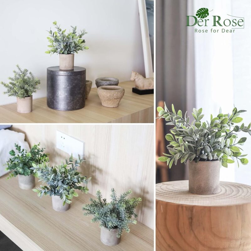 Der Rose 3 Pack Mini Potted Fake Plants Artificial Plastic Eucalyptus Plants Topiaries for Home Office Desk Farmhouse Room Decor - Image 3