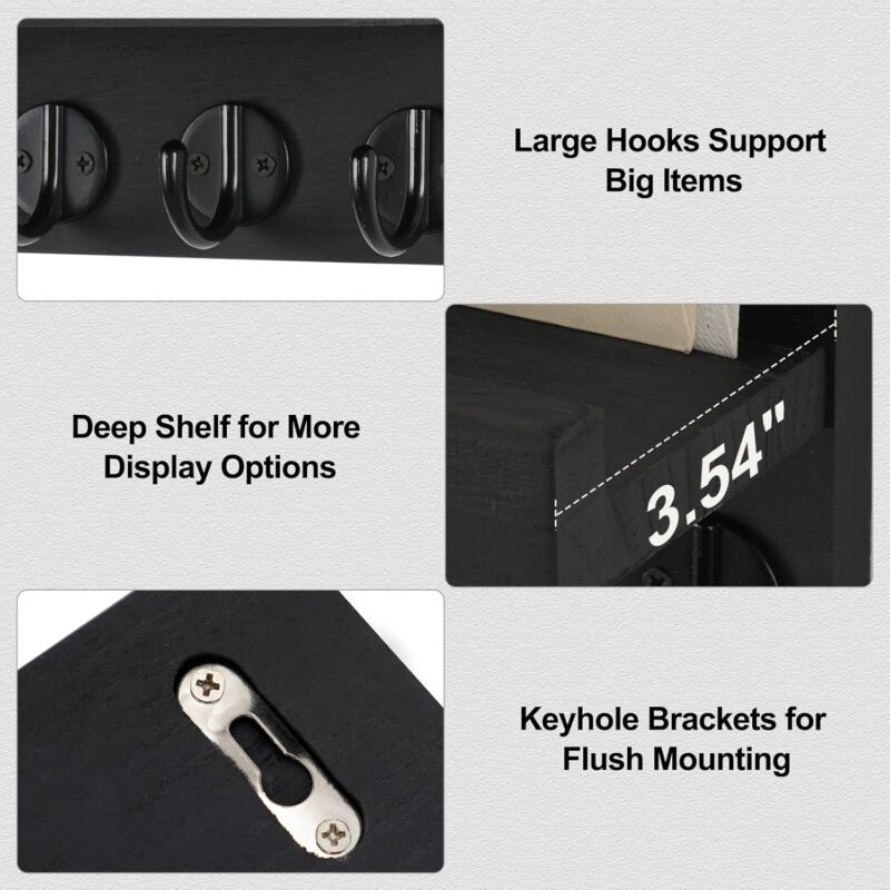 Key Holder for Wall, Decorative Key and Mail Holder with Shelf Has Large Hooks for Bags, Coats, Umbrella – Paulownia Wood Key Hanger with Mounting Hardware (9.8”W x 6.7”H x 4.2”D) - Image 3
