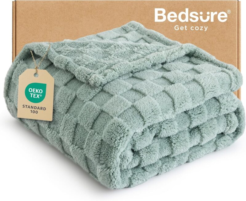 Bedsure Sage Green Fleece Blanket for Couch - Checkered Throw Blanket for Women, Cute Soft Cozy Throw for Girls, 50x60 Inches