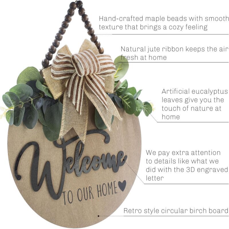 3D Welcome Sign for Front Door | Home/Farmhouse Porch Décor Wooden Hanging Sign with Artificial Leaves and Rustic Beads | Christmas Classroom |12" Round - Image 5
