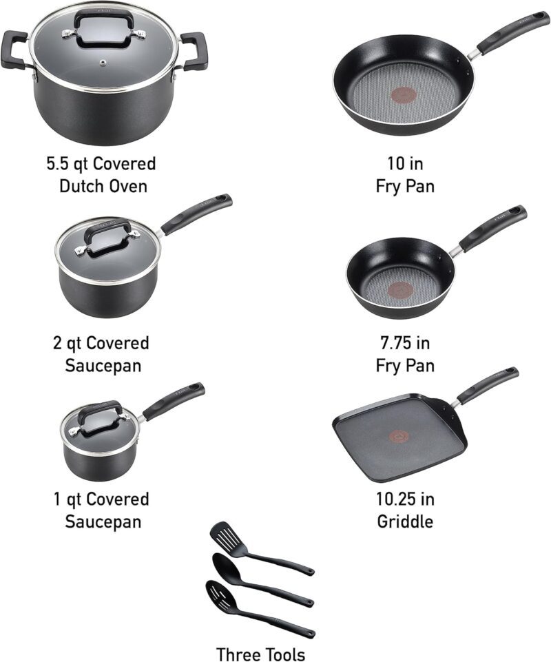 T-fal Signature Nonstick Cookware Set 12 Piece, Oven Broiler Safe 350F, Pots and Pans, Kitchen Cooking Set w/Fry Pans, Saucepans, Saute Pan, Dutch Oven, Griddle, Kitchen, Home, Dishwasher Safe, Black - Image 2