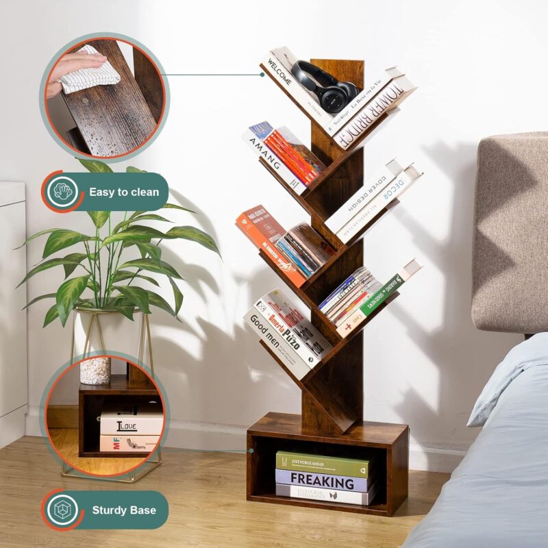 Yoobure Tree Bookshelf - 6 Shelf Retro Floor Standing Bookcase, Tall Wood Book Storage Rack for CDs/Movies/Books, Utility Organizer Shelves Bedroom, Living Room, Home Office, Rustic Brown - Image 7