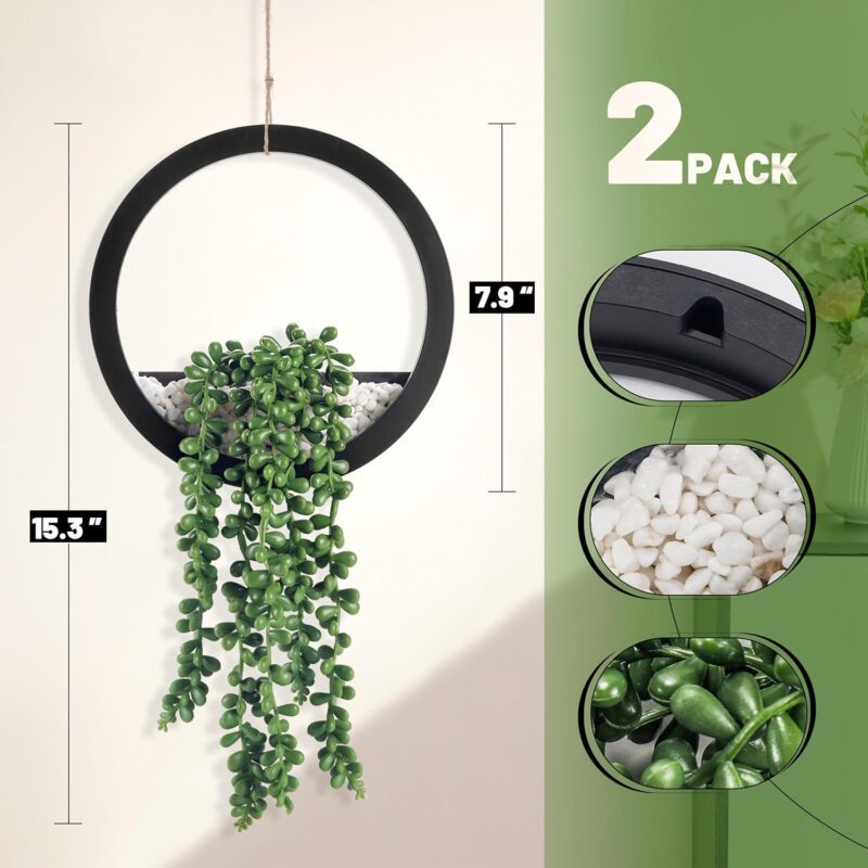 Der Rose 2 Pack Fake Plants Hanging Artificial Succulents Plants in Black Pots for Living Room Bathroom Accessories Boho Wall Decor - Image 3