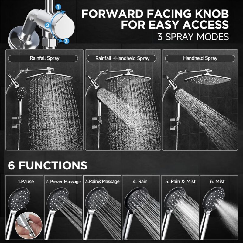 Veken Wide Rain Shower Head with 6 Modes Handheld Water Spray，High Pressure Showerhead Combo with Arm for Bathroom Accessories，Home Decor Adjustable Dual Shower with Anti-Clog Nozzles,Silver Chrome - Image 4