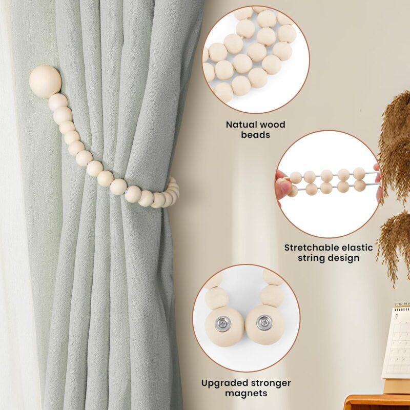 Magnetic Curtain Tiebacks, Curtain Tie Backs for Curtains 2 Pack, Wood Bead Curtain Tiebacks, Curtain Holders for Boho Bedroom Decor, Baby Nursery Decor, Farmhouse Decor - Image 5