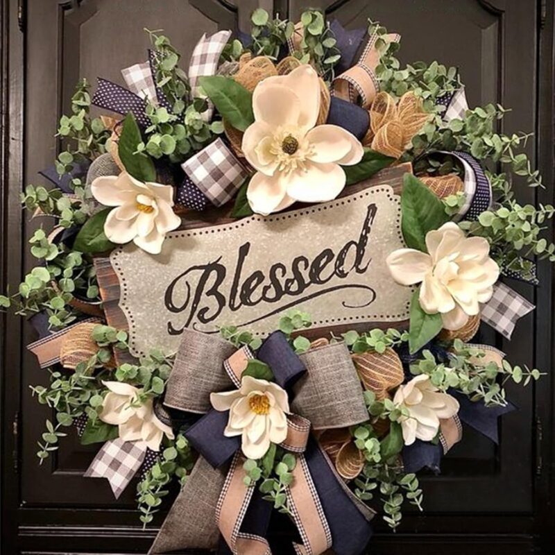 Spring Summer Wreath for Front Door,Farmhouse Magnolia Porch Decoration,Front Door Hanger,Housewarming Gift, Buffalo Plaid Year Round Wreath,Summer Home Decor