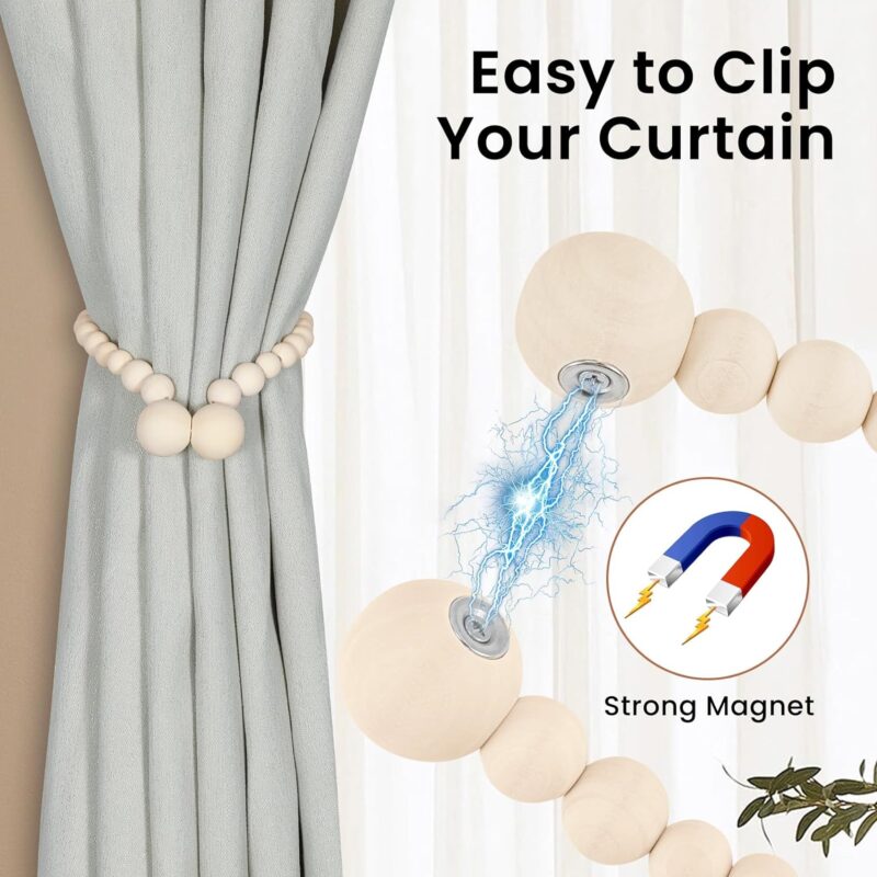 Magnetic Curtain Tiebacks, Curtain Tie Backs for Curtains 2 Pack, Wood Bead Curtain Tiebacks, Curtain Holders for Boho Bedroom Decor, Baby Nursery Decor, Farmhouse Decor - Image 2