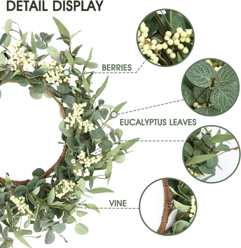 Pinkpum 20'' Eucalyptus Wreath for Front Door, Porch, Window - Green Decor for Home, Farmhouse - Spring, Summer, Fall, All Seasons - Image 2