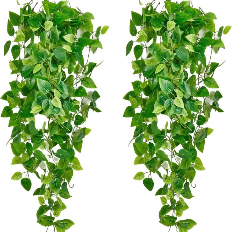 Fake Hanging Plants Vines(2pcs) for Room Decor, Artificial Ivy Greenery Garlands for Home Bedroom Living Aesthetic Kitchen Office Wall Patio Bookshelf,Indoor,Outdoor Farmhouse Decorations(No Basket)