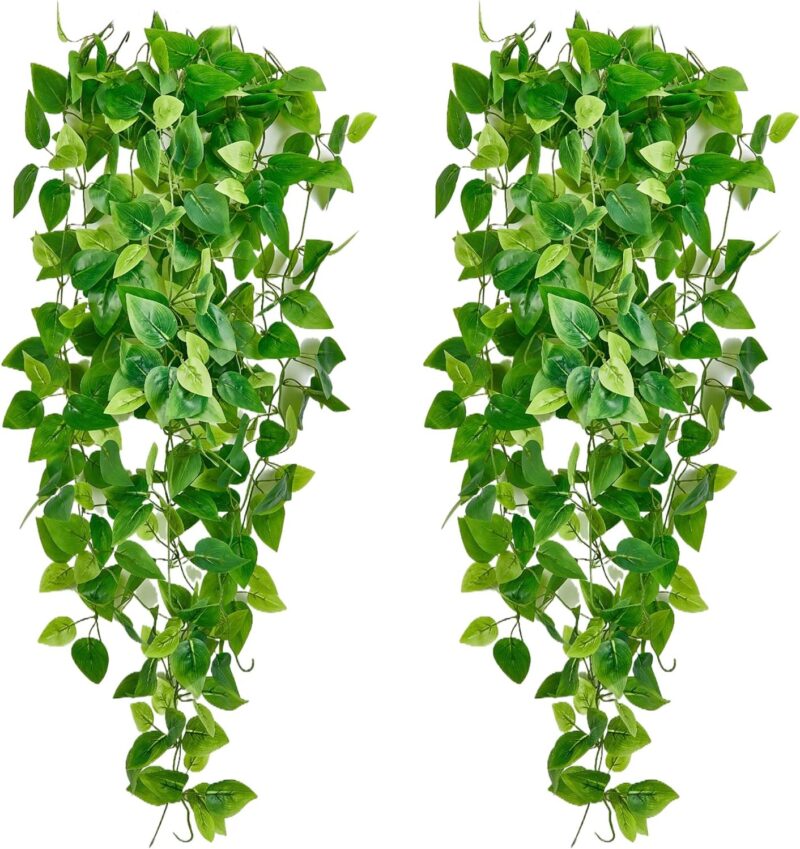 Fake Hanging Plants Vines(2pcs) for Room Decor, Artificial Ivy Greenery Garlands for Home Bedroom Living Aesthetic Kitchen Office Wall Patio Bookshelf,Indoor,Outdoor Farmhouse Decorations(No Basket)