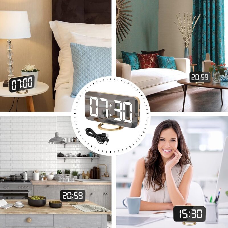 SZELAM Digital Alarm Clock,LED and Mirror Desk Clock Large Display,with Dual USB Charger Ports,3 Levels Brightness,12/24H,Modern Electronic Clock for Bedroom Home Living Room Office - Gold - Image 6