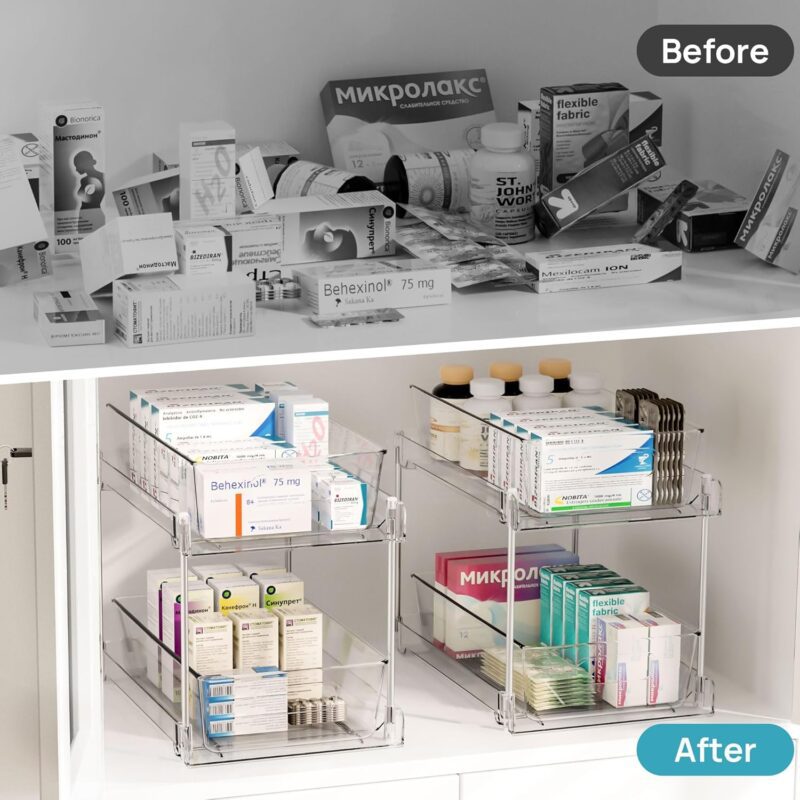 Vtopmart 4 Pack Bathroom Organizer, 2 Tier Clear Under Sink Organizers Vanity Countertop Storage Container,Cabinet Drawers Bins, Pull-Out Organization with Track for Pantry, Kitchen - Image 7