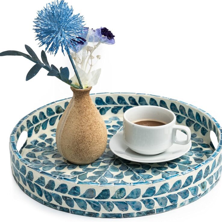CLAYNIX Serving Tray 12.5 Inch, Lacquer Mother of Pearl Inlay Mosaic Tray, Round Wooden Marble Tray with Handles Trays for Tea, Breakfast (Leaf Style)