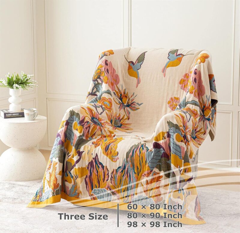 Boho Throw Blanket - 100% Cotton Ultra Soft Bed Throw Large - Fall Blanket Floral Bird and Butterfly Farmhouse Decor Bed Blankets,60"×80" All Season Blanket for Sofa Couch Chair - Image 5