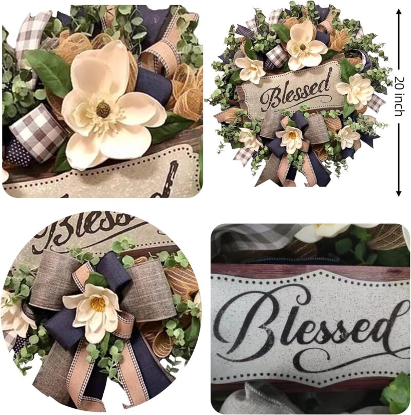Spring Summer Wreath for Front Door,Farmhouse Magnolia Porch Decoration,Front Door Hanger,Housewarming Gift, Buffalo Plaid Year Round Wreath,Summer Home Decor - Image 7