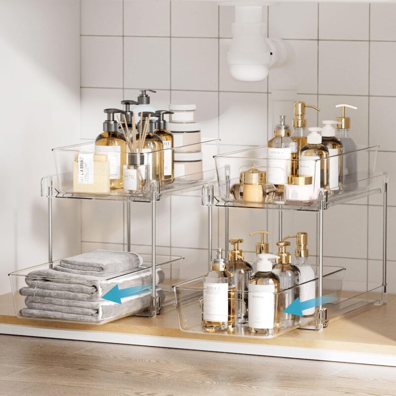 Vtopmart 4 Pack Bathroom Organizer, 2 Tier Clear Under Sink Organizers Vanity Countertop Storage Container,Cabinet Drawers Bins, Pull-Out Organization with Track for Pantry, Kitchen - Image 4
