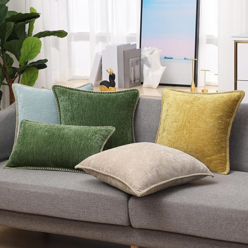 decorUhome Chenille Soft Spring Throw Pillow Covers 18x18 Set of 2, Farmhouse Velvet Decorative Pillow Covers with Stitched Edge for Couch Sofa Bed, Forest Elf - Image 8