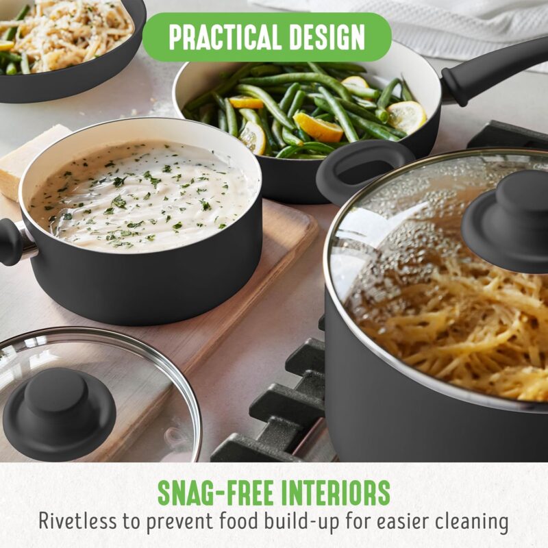 GreenLife Soft Grip 16 Piece Cookware Set, Non-Toxic PFAS-Free Ceramic Nonstick, Frying, Sauce, Saute, Utensils, Glass Lids, Stay-Cool Handles, Wobble Free, Dishwasher & Oven Safe, Black and Cream - Image 9