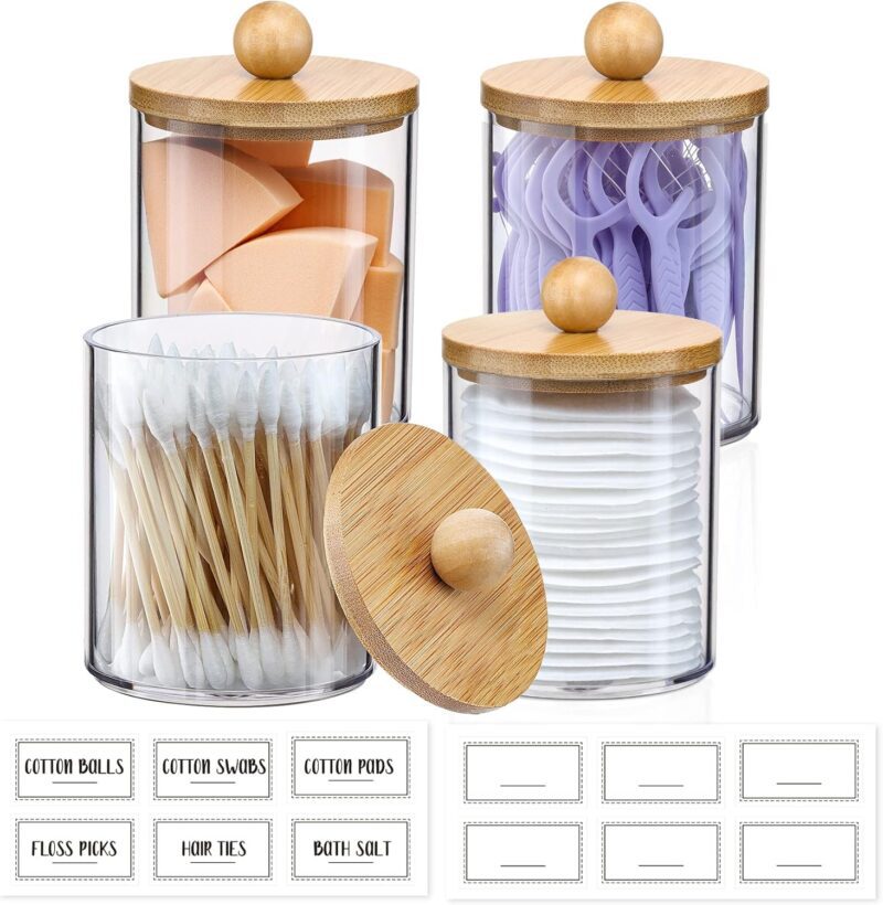 4 Pack Qtip Holder Dispenser with Bamboo Lids - 10 oz Clear Plastic Apothecary Jar Containers for Vanity Makeup Organizer Storage - Bathroom Accessories Set for Cotton Swab, Ball, Pads, Floss - Image 2