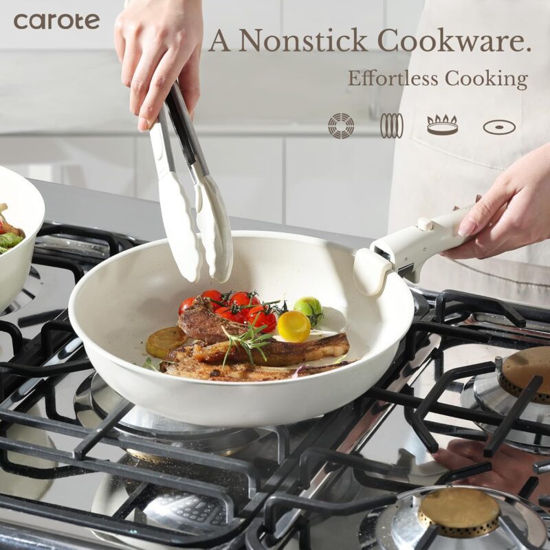 CAROTE 11pcs Pots and Pans Set, Nonstick Cookware Detachable/Removable Handle, Induction RV Kitchen Set, Oven Safe, Cream White - Image 6