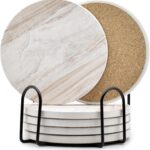 6Pcs Drink Coasters with Holder, Marble Style Ceramic Drink Coaster, Absorbent Coasters Set Suitable for Kinds of Cups, Modern Style Coasters for Coffee Table, 4 Inches