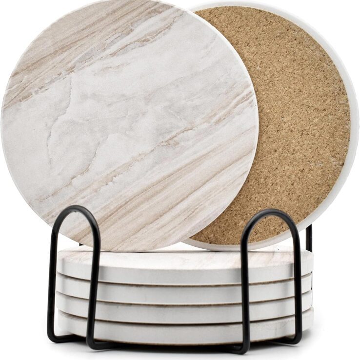 6Pcs Drink Coasters with Holder, Marble Style Ceramic Drink Coaster, Absorbent Coasters Set Suitable for Kinds of Cups, Modern Style Coasters for Coffee Table, 4 Inches