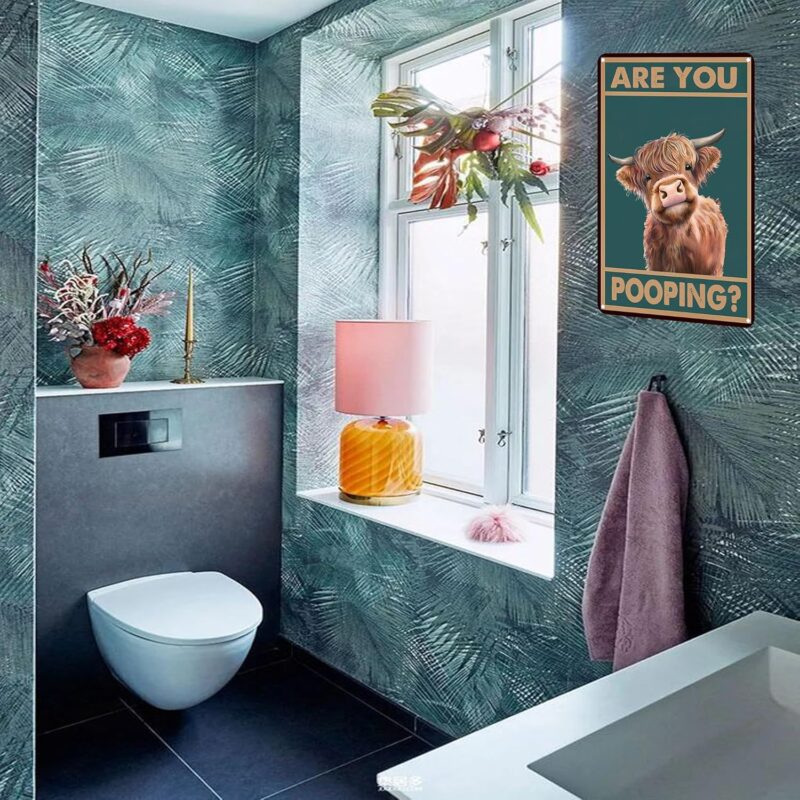 Vintage Highland Cow Tin Sign: Funny "Are You Pooping?" Bathroom Wall Decor for Western & Highland Cow Lovers 8 x 12 Inch (3039) - Image 4