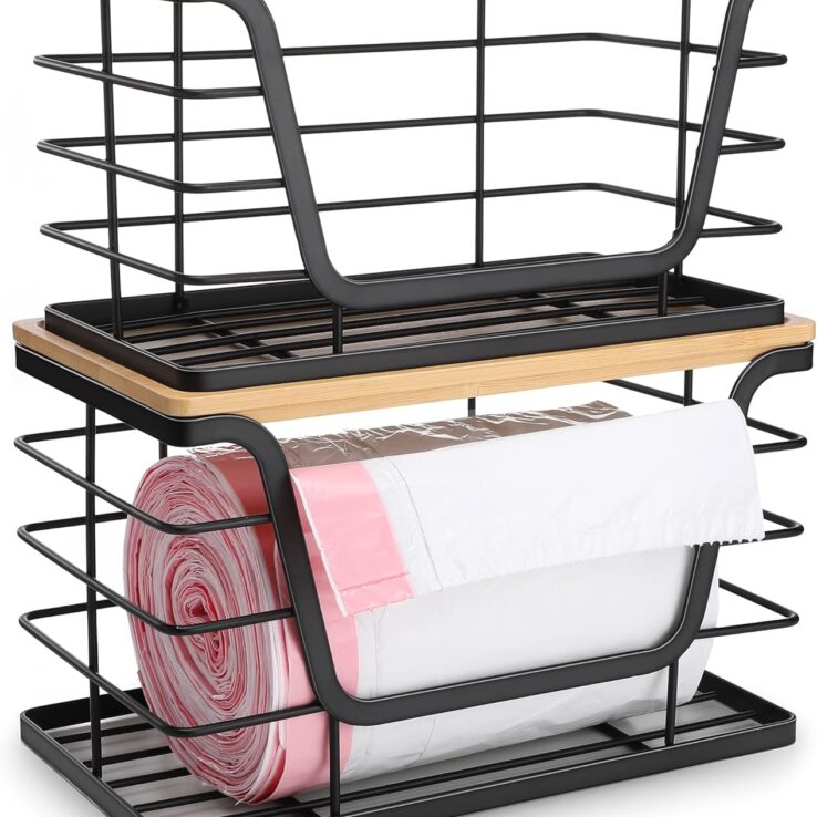 2 Pack Storage Stackable Kitchen Laundry Organizers with Bamboo Top, Wall Mount Large Trash Bag Holder and Standard Garbage Bag Dispenser