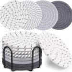 Mckanti 8 Pcs Drink Coasters with Holder, 4 Colors Absorbent Coasters, Minimalist Cotton Woven Coaster Set for Living Room Decor, Tabletop Protection Suitable for Kinds of Cups, 4.3 Inches