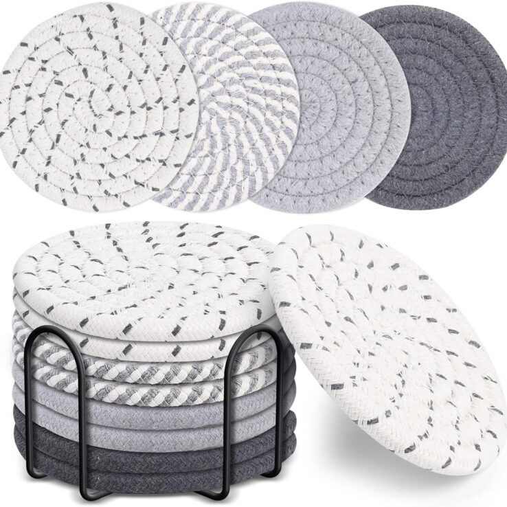 Mckanti 8 Pcs Drink Coasters with Holder, 4 Colors Absorbent Coasters, Minimalist Cotton Woven Coaster Set for Living Room Decor, Tabletop Protection Suitable for Kinds of Cups, 4.3 Inches