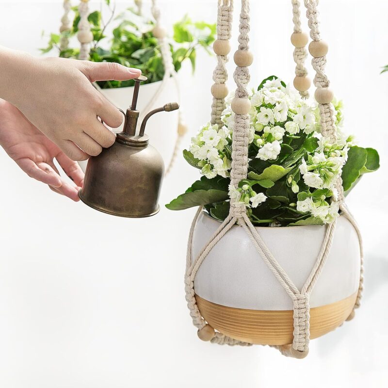 Mkono Macrame Plant Hanger Indoor Hanging Planter Basket with Wood Beads Decorative Flower Pot Holder No Tassels for Indoor Outdoor Boho Home Decor 35 Inch, Ivory, Set of 1 (POTS NOT Included) - Image 7