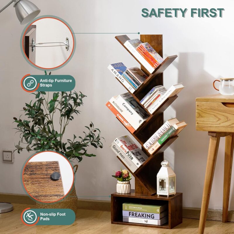 Yoobure Tree Bookshelf - 6 Shelf Retro Floor Standing Bookcase, Tall Wood Book Storage Rack for CDs/Movies/Books, Utility Organizer Shelves Bedroom, Living Room, Home Office, Rustic Brown - Image 5
