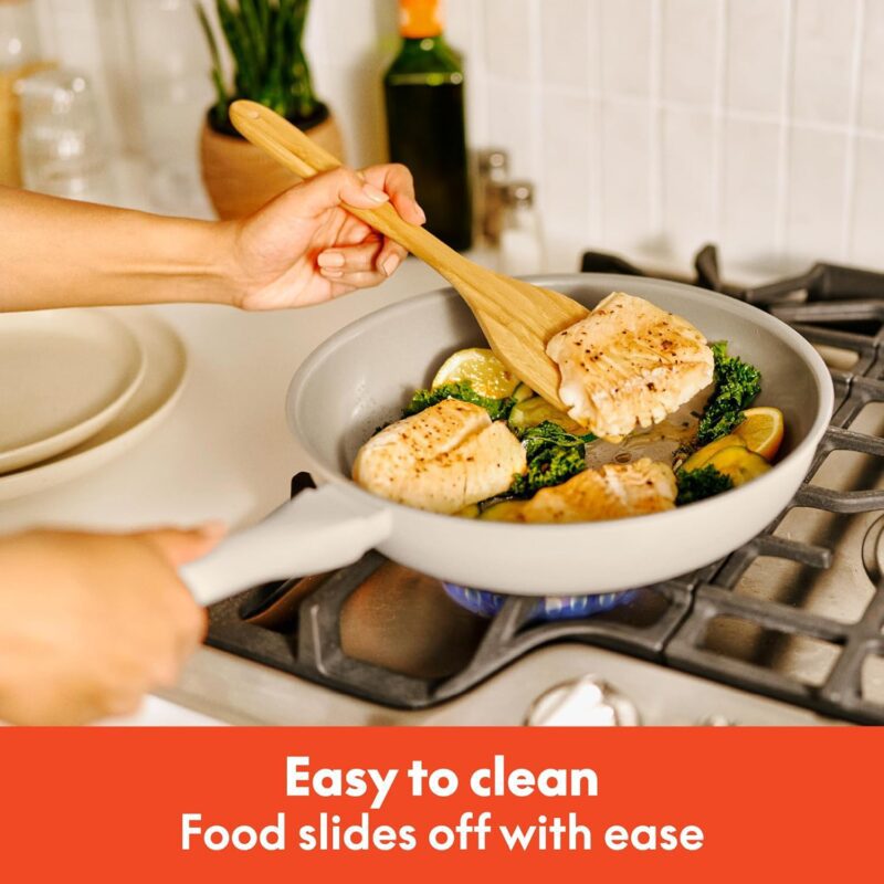 bella 7 Piece Cookware Set with EverGood™ Ceramic Nonstick Coating​, Dishwasher Safe Oven Safe, All Stovetops Compatible, Glass Lids with Silicone Rims, Cool Touch Handles, Oatmilk - Image 7