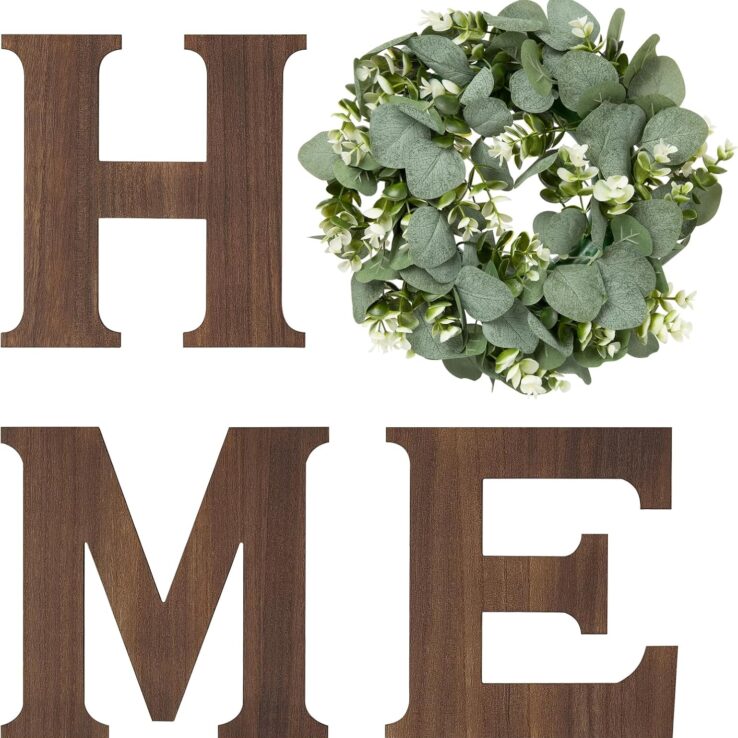 Mkono Farmhouse Wall Home Sign with Artificial Eucalyptus for O Rustic Wooden Hanging Letters Decorative Wall Art Decor for Living Room Kitchen Entryway Housewarming Gift, Brown