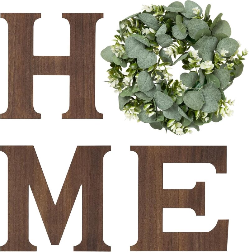 Mkono Farmhouse Wall Home Sign with Artificial Eucalyptus for O Rustic Wooden Hanging Letters Decorative Wall Art Decor for Living Room Kitchen Entryway Housewarming Gift, Brown