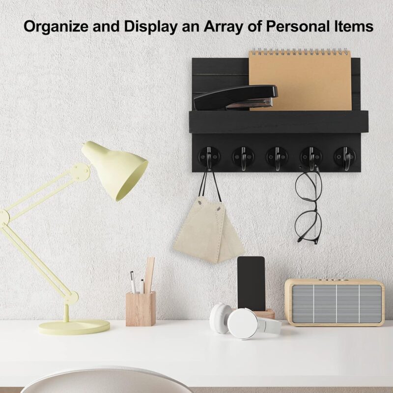 Key Holder for Wall, Decorative Key and Mail Holder with Shelf Has Large Hooks for Bags, Coats, Umbrella – Paulownia Wood Key Hanger with Mounting Hardware (9.8”W x 6.7”H x 4.2”D) - Image 5