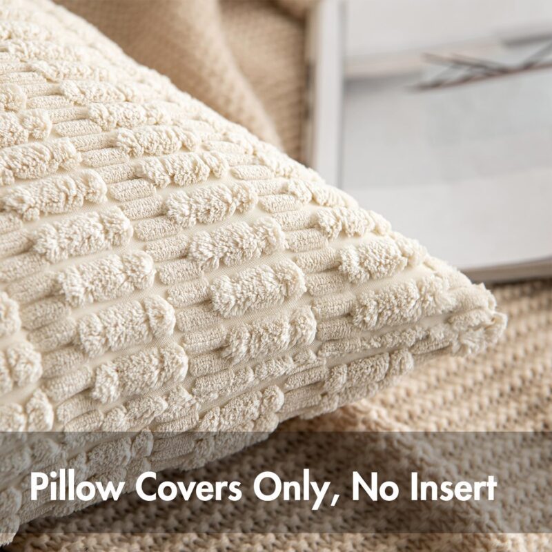 MIULEE Pack of 2 Corduroy Decorative Throw Pillow Covers 18x18 Inch Soft Boho Striped Pillow Covers Spring Modern Farmhouse Home Decor for Sofa Living Room Couch Bed Cream White - Image 2