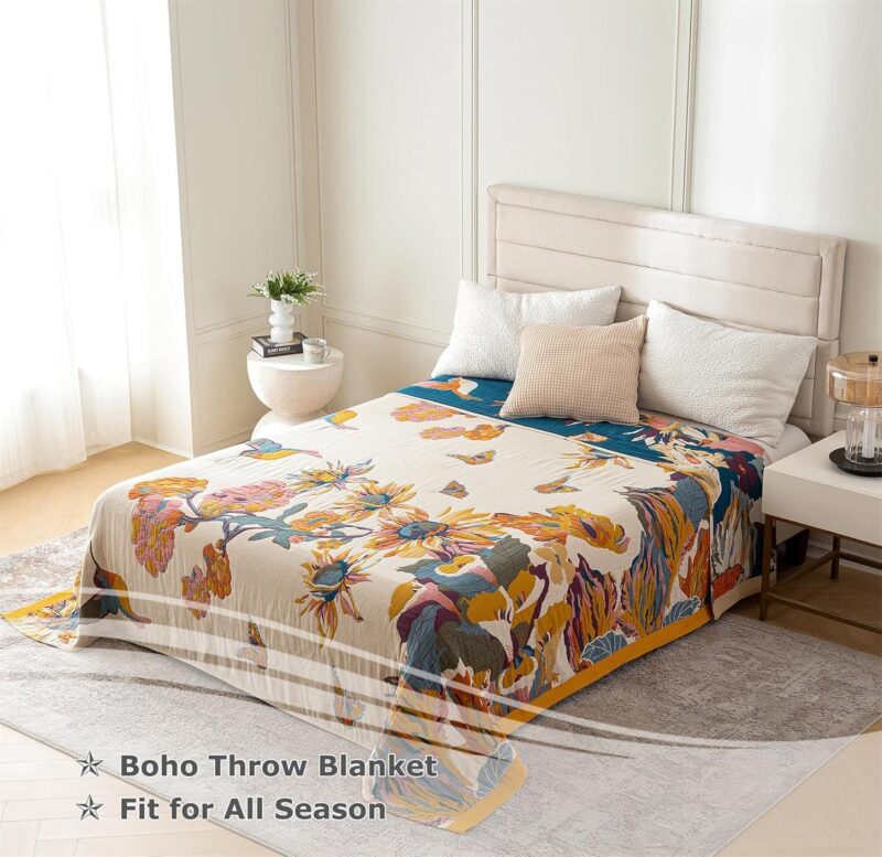 Boho Throw Blanket - 100% Cotton Ultra Soft Bed Throw Large - Fall Blanket Floral Bird and Butterfly Farmhouse Decor Bed Blankets,60"×80" All Season Blanket for Sofa Couch Chair - Image 3
