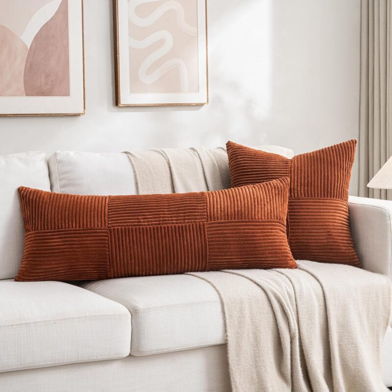 Fancy Homi 2 Packs Rust Boho Decorative Throw Pillow Covers 18x18 Inch for Couch Bed Sofa, Farmhouse Fall Home Decor, Soft Corss Corduroy Patchwork Textured Terracotta Accent Cushion Case 45x45 cm - Image 7