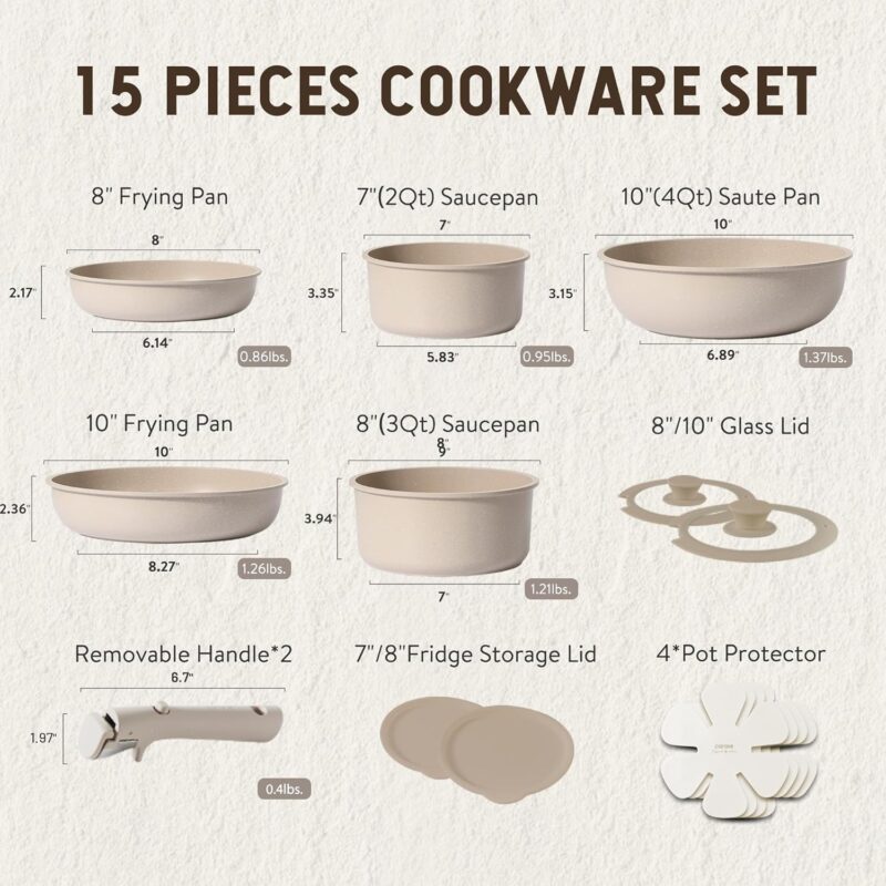 CAROTE 15pcs Pots and Pans Set, Nonstick Cookware Set Detachable Handle, Induction Kitchen Cookware Sets Non Stick with Removable Handle, RV Cookware Set, Oven Safe, Taupe - Image 2