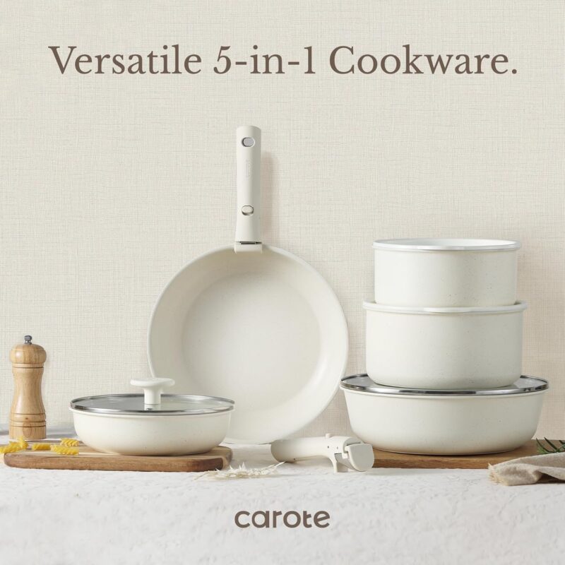 CAROTE 11pcs Pots and Pans Set, Nonstick Cookware Detachable/Removable Handle, Induction RV Kitchen Set, Oven Safe, Cream White - Image 8