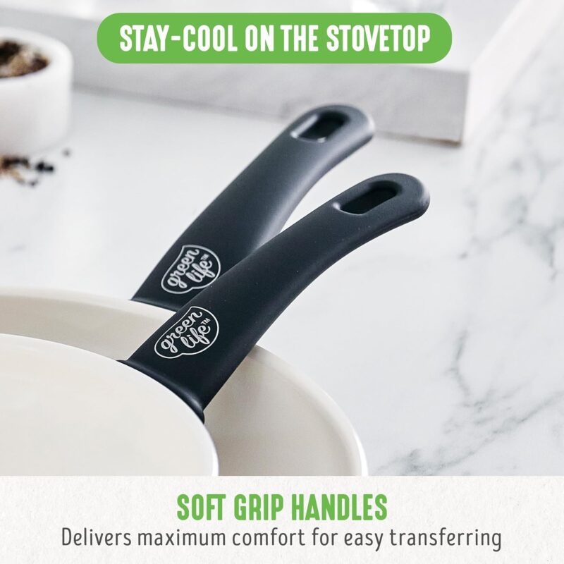 GreenLife Soft Grip 16 Piece Cookware Set, Non-Toxic PFAS-Free Ceramic Nonstick, Frying, Sauce, Saute, Utensils, Glass Lids, Stay-Cool Handles, Wobble Free, Dishwasher & Oven Safe, Black and Cream - Image 8