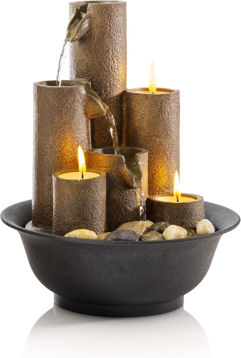 Alpine Corporation WCT202 Indoor Tabletop Tiered Water Fountain Featuring 3 Candles for Desktop and Table, 11", Brown - Image 8