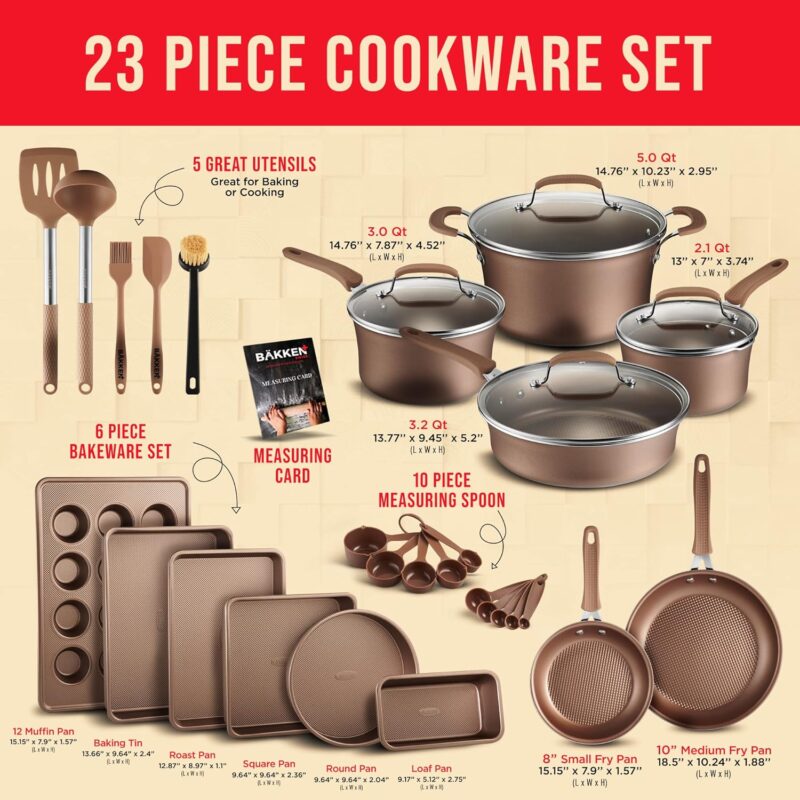 Cookware Set – 23 Piece –Gold Multi-Sized Cooking Pots with Lids, Skillet Fry Pans and Bakeware – Reinforced Pressed Aluminum Metal - Suitable for Gas, Electric, Ceramic and Induction by BAKKEN Swiss - Image 2